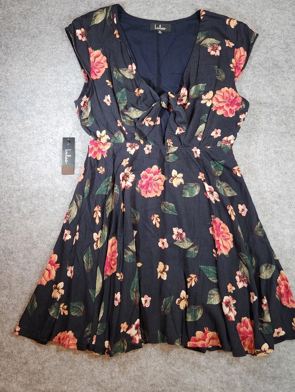 Lulus Navy Floral Knot-Front Fit & Flare Dress Size Xlarge